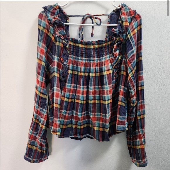 Free People We The Free Smocked Plaid Boho Top S - Picture 2 of 12